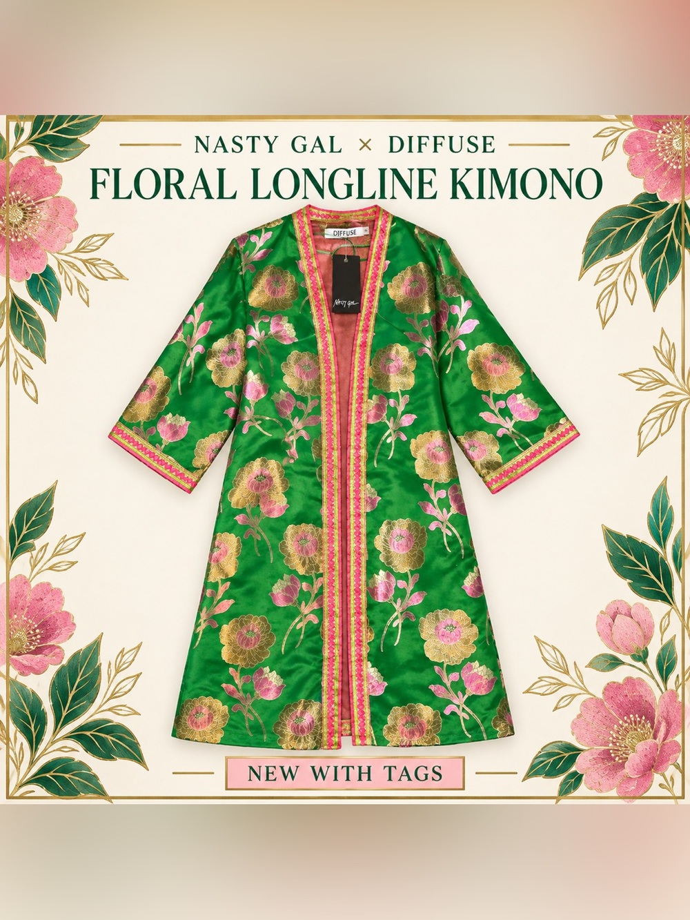 #0363 Nasty Gal x Diffuse Green Floral Longline Kimono NWT